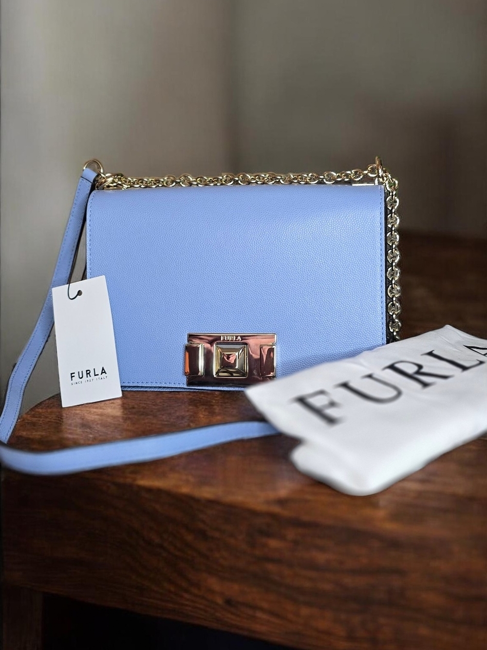 New Furla Light Blue Leather Shoulder Bag with Gold Chain